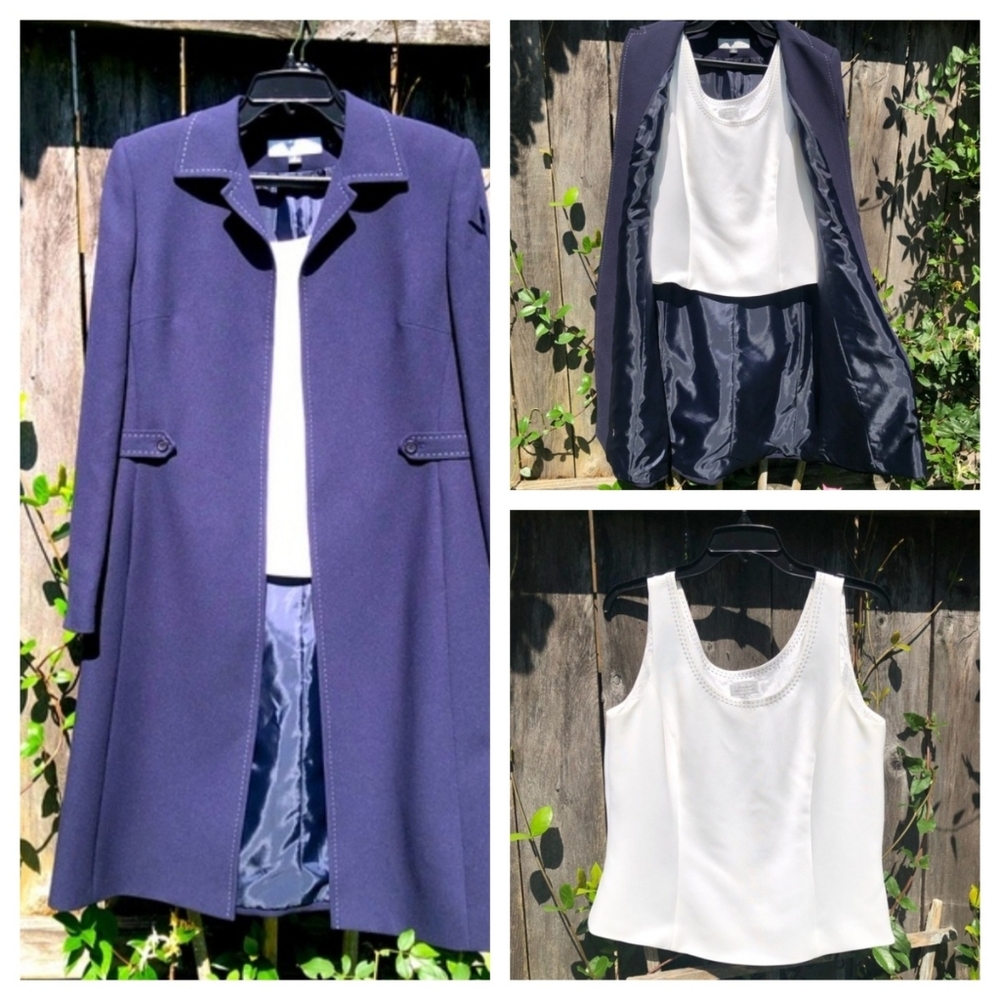 Tahari by Arthur S Levine Long Blue Coat with matching white blouse 12